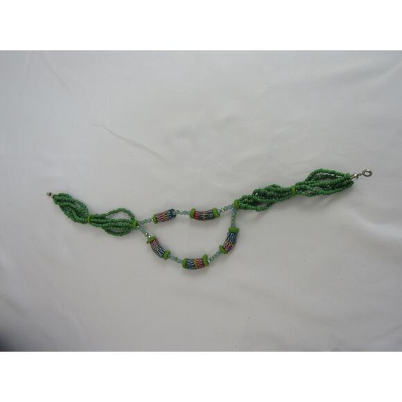 Green Beaded Aztec Double Layer Necklace Boho Cottagecore Hippie Festive 36" - Picture 5 of 6